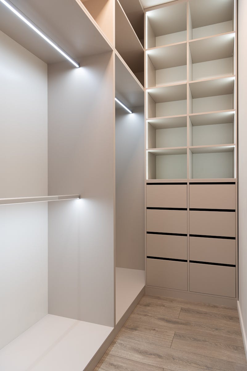 House interior with wardrobe with cabinets and shelves